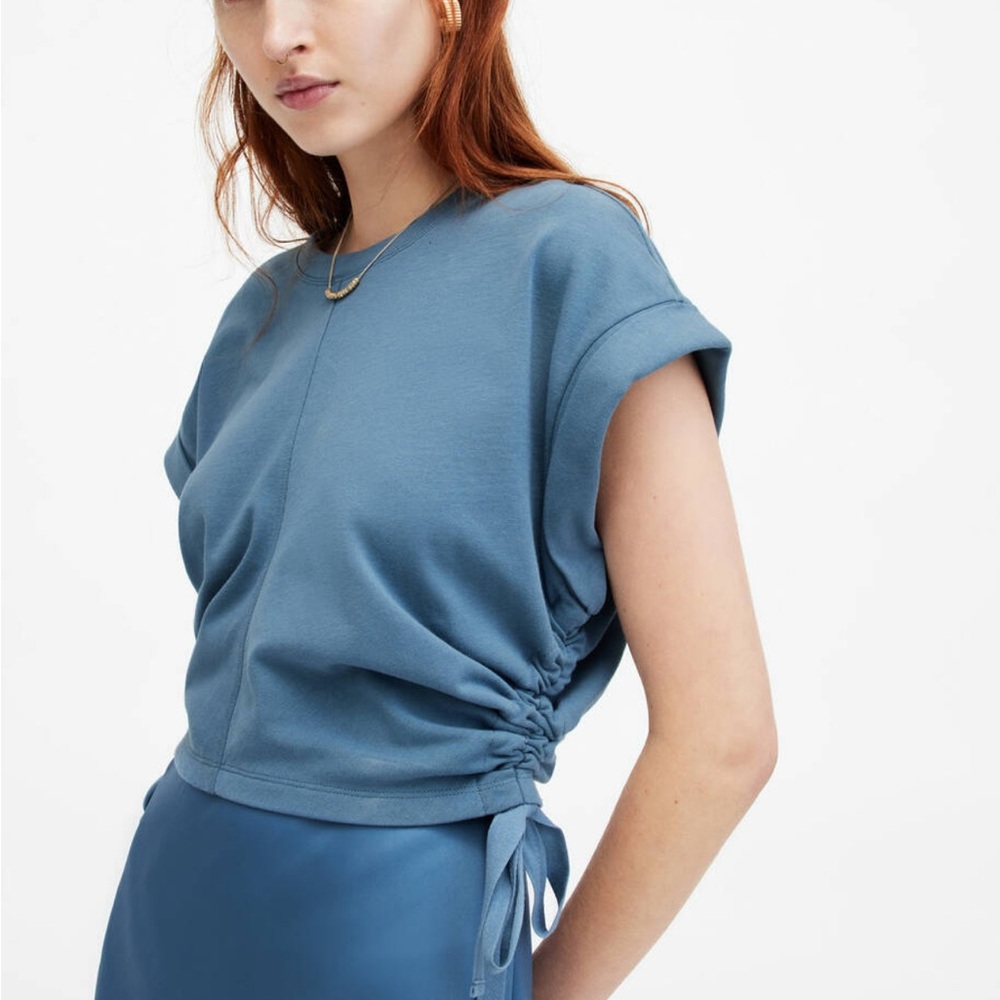 All Saints Mira Cropped Side Drawcord T-Shirt Petrol Blue Large